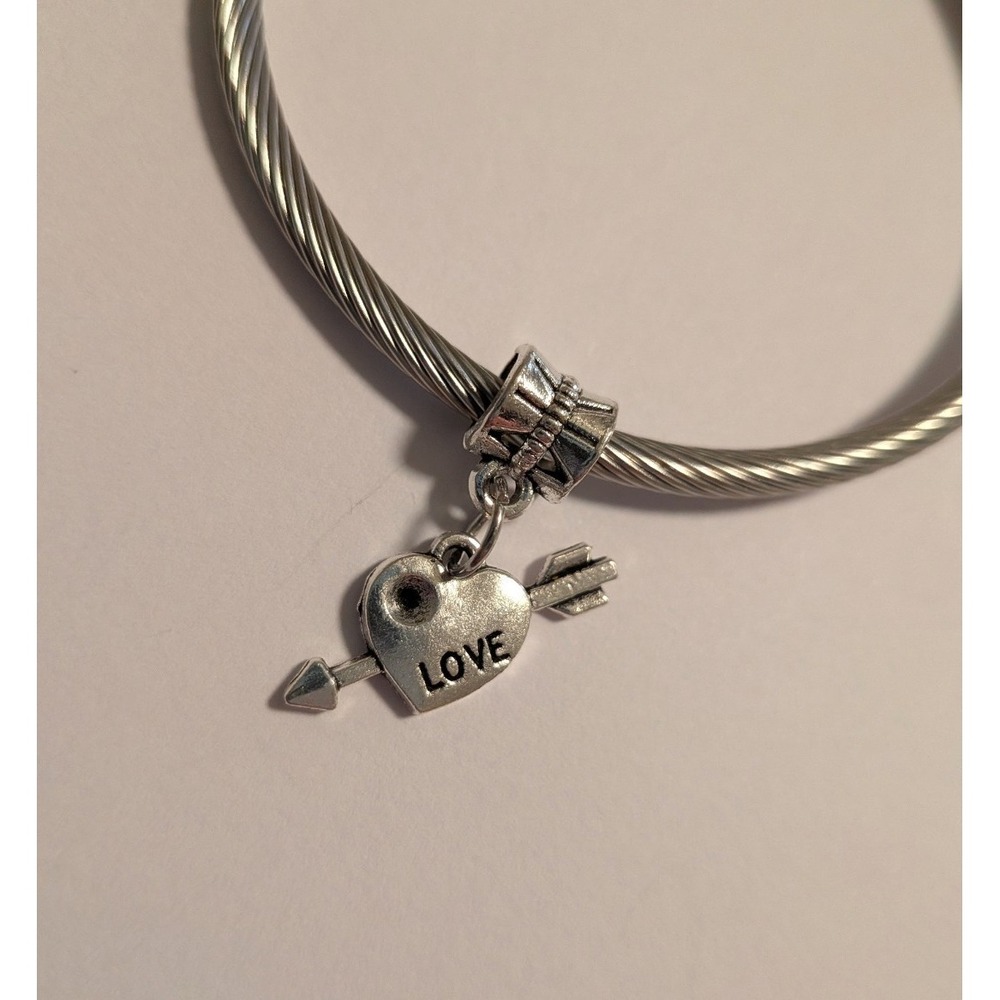 Silver Cable Cuff Bracelet with Love Heart and Arrow Dangle Charm Womens Jewelry